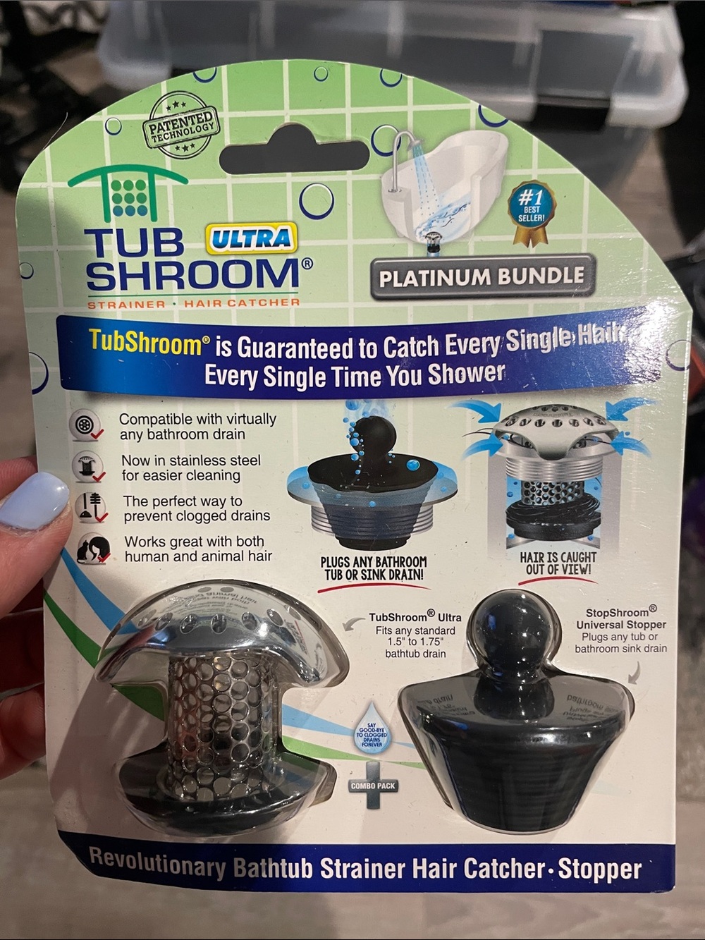 TubShroom Ultra Platinum Bundle Bathtub Strainer & Stopper - Silver and Black